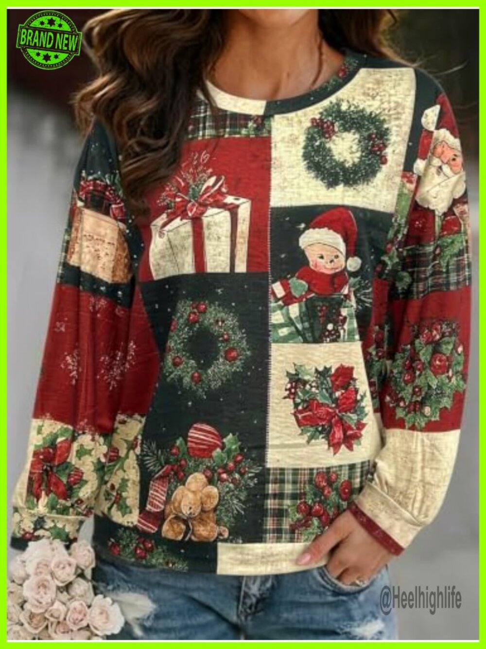 Womens Vintage Christmas Patchwork Print Crew Neck Long Sleeve Sweatshirt